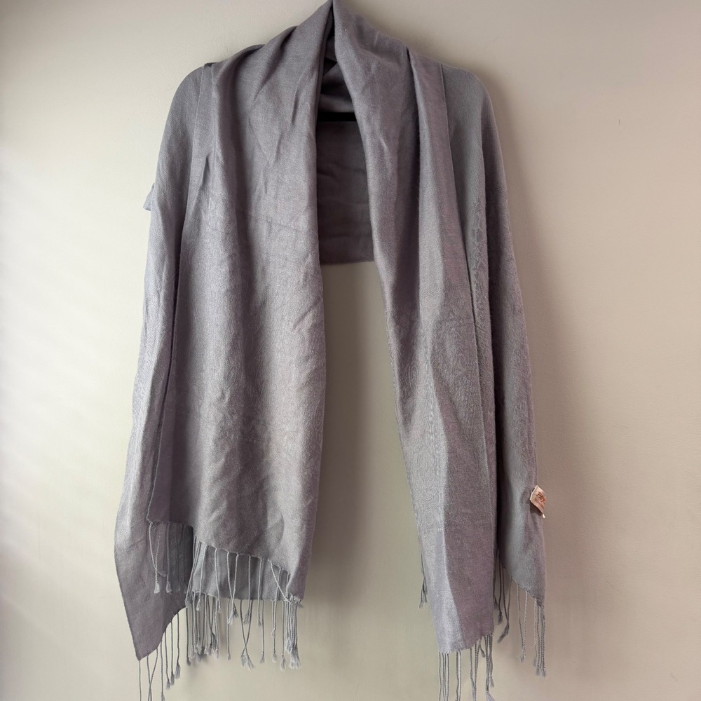 Pashmina Scarf Unisex OS Silver Gray Excellent Silk Blend Paisley Jacquard Wrap